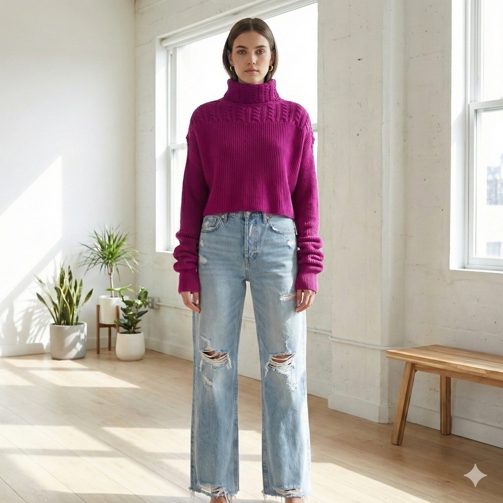 Unravel Project Magenta Wool Cashmere Cropped Turtleneck Sweater - One Size